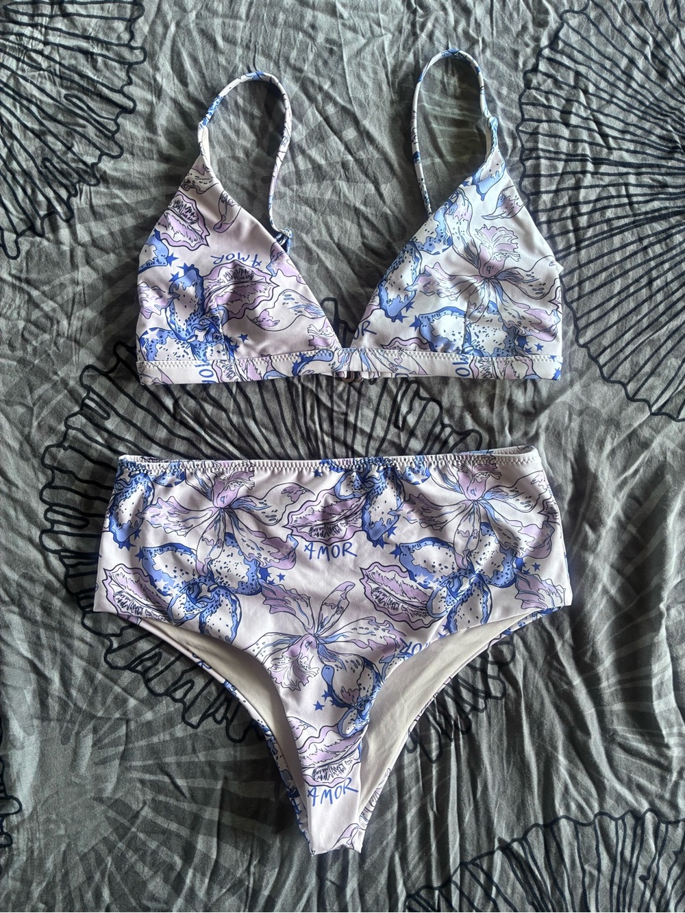 Las Surenas Floral Two-Piece Bikini Set in White, Lilac & Blue